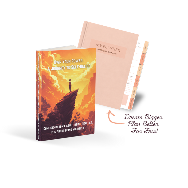Book and planner with motivational text on a white background