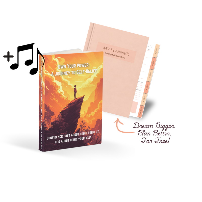 Book and planner with motivational text on a white background